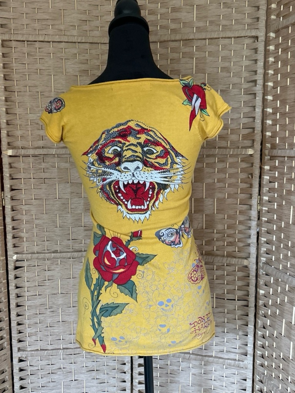 Ed Hardy Yellow V-Neck Floral & Skull Graphic Tee